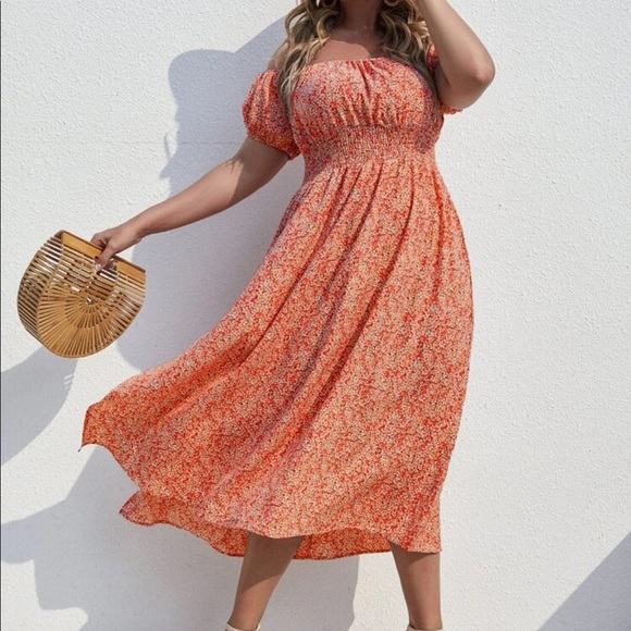 Floral print shirred off shoulder dress orange SOLD OUT - Picture 1 of 5